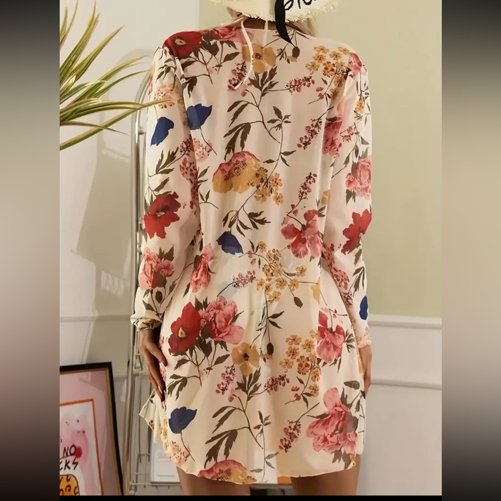 💮 Floral 3 Piece Bikini Set w Cover Up Kimono Size L Boho Swim - Picture 3 of 12